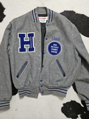 Vintage Early 1980s Holloway WOOL Gray/Blue Varsity Letterman Jacket Sz. L